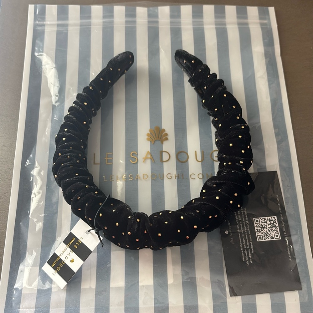 Lele Sadoughi Black Velvet Gold Stud Knotted Padded Headband Hair Accessory NWT